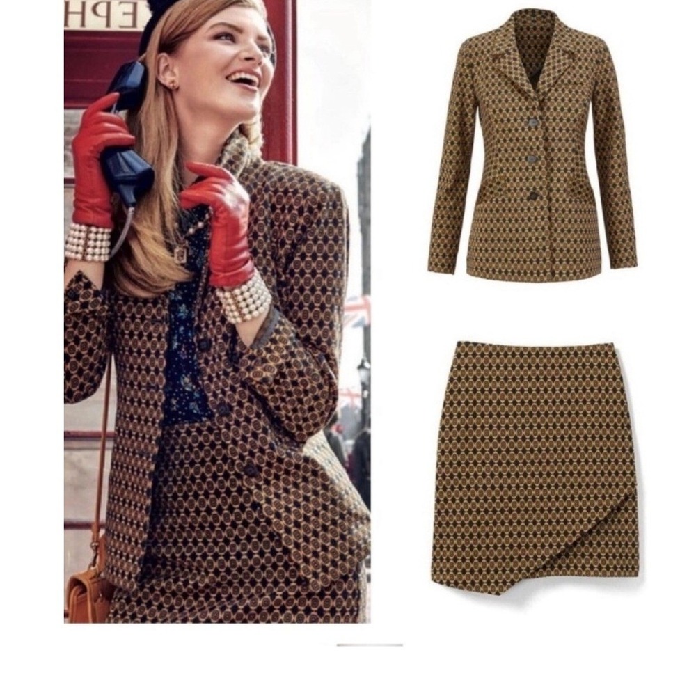 Cabi Navy Mustard Geometric Medallion Knit Blazer and Skirt Set Size M